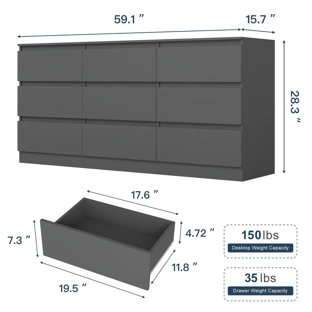 Nouveauté 2026 – Commode Resenkos moderne style milieu du siècle, 6 tiroirs, large, pour chambre à coucher, grise