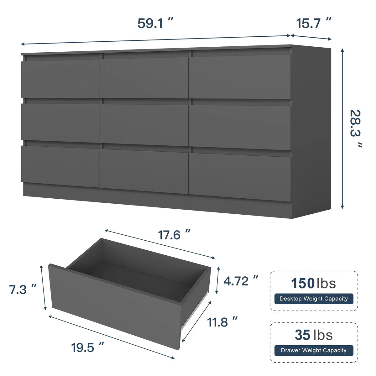 Nouveauté 2026 – Commode Resenkos moderne style milieu du siècle, 6 tiroirs, large, pour chambre à coucher, grise