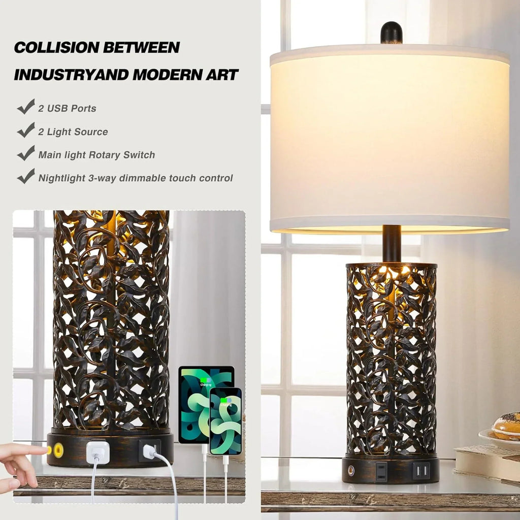 Nouveauté 2026 – Ensemble de 2 lampes de table Cinkeda pour salon et chambre à coucher, avec ports USB, prise secteur, intensité réglable à 3 niveaux, veilleuse tactile, style champêtre, motif floral blanc, lampes de chevet