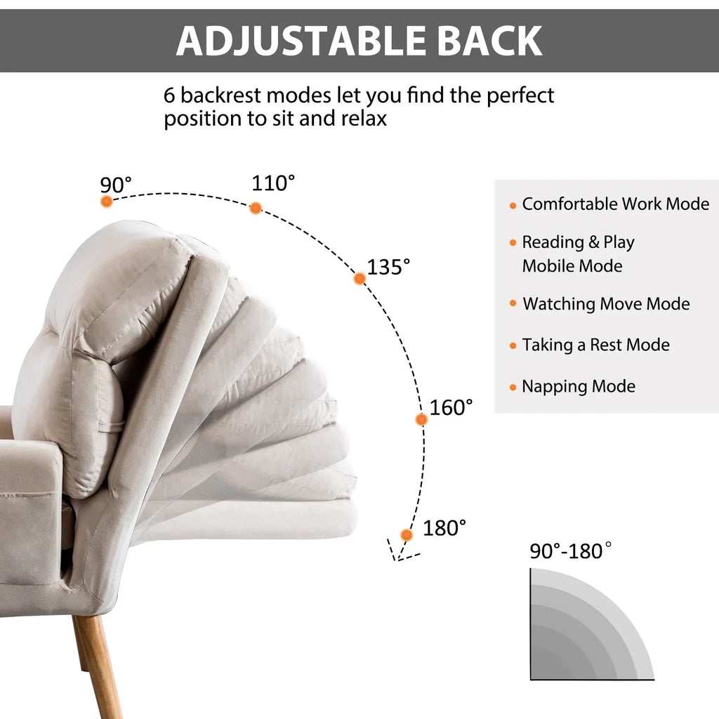 Nouveauté 2026 – Fauteuil d'appoint réglable Betier avec repose-pieds, fauteuil en velours pour chambre ou salon, fauteuil lounge confortable avec dossier rembourré et poche latérale, fauteuil de lecture moelleux, beige