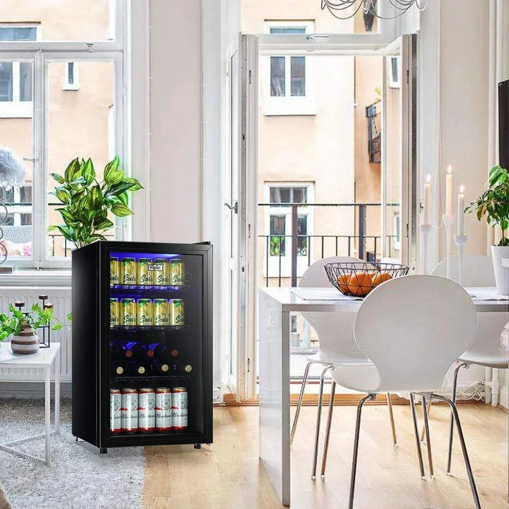 Nouveauté 2026 – Réfrigérateur à boissons compact WANAI , capacité de 100 canettes, porte vitrée, acier inoxydable noir