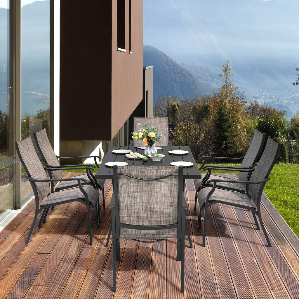 Nouveauté 2026 – Ensemble de salle à manger d'extérieur 7 pièces Nuu Garden , en aluminium résistant à la rouille, comprenant 6 chaises en textilène et une table rectangulaire avec trou pour parasol, couleur brun grisâtre