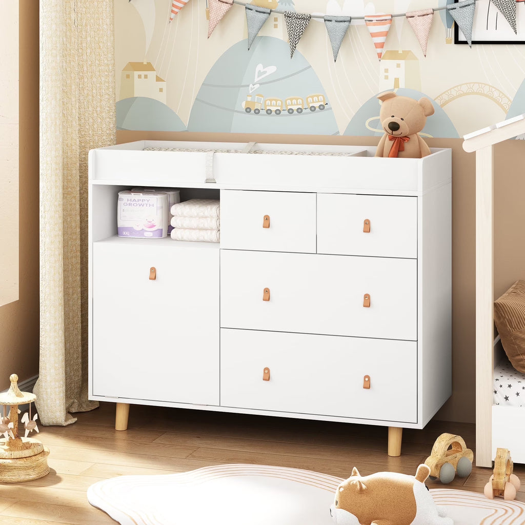 Nouveauté 2026 – Table à langer/commode pour chambre de bébé OXYLIFE , 114 cm (45 po), avec 4 tiroirs et une étagère, blanche