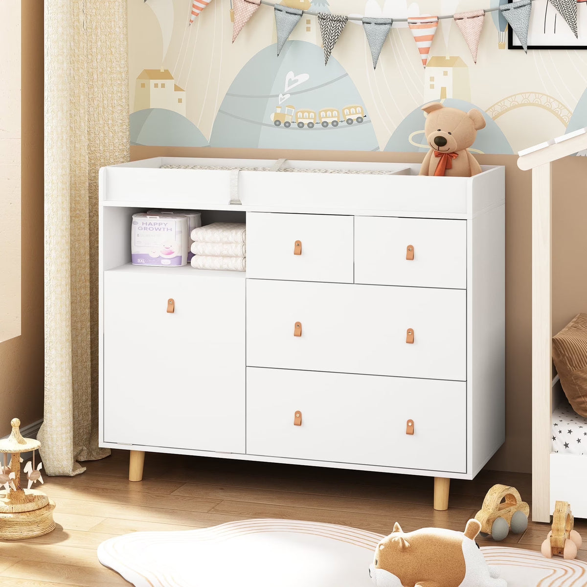 Nouveauté 2026 – Table à langer/commode pour chambre de bébé OXYLIFE , 114 cm (45 po), avec 4 tiroirs et une étagère, blanche