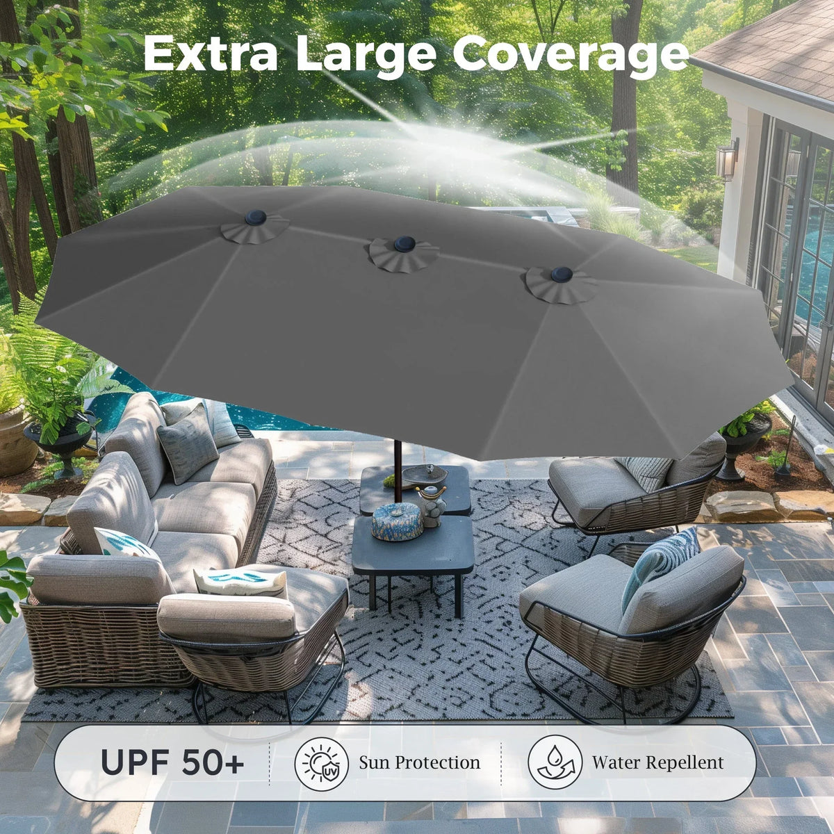 Nouveauté 2026 – Parasol de jardin extra-large Alpha Joy 4,57 m (15 pi) à double face avec manivelle et base - Gris fumé
