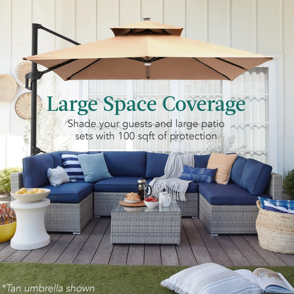 Nouveauté 2026 – Parasol de terrasse carré déporté à deux niveaux, 3 x 3 m, à éclairage solaire LED, avec base incluse (Best Choice Products, ) - Beige