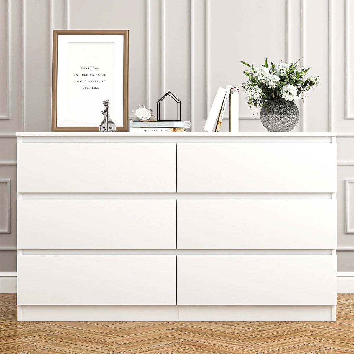 Nouveauté 2026 – Commode Resenkos moderne style milieu du siècle, 6 tiroirs, large, pour chambre à coucher, grise
