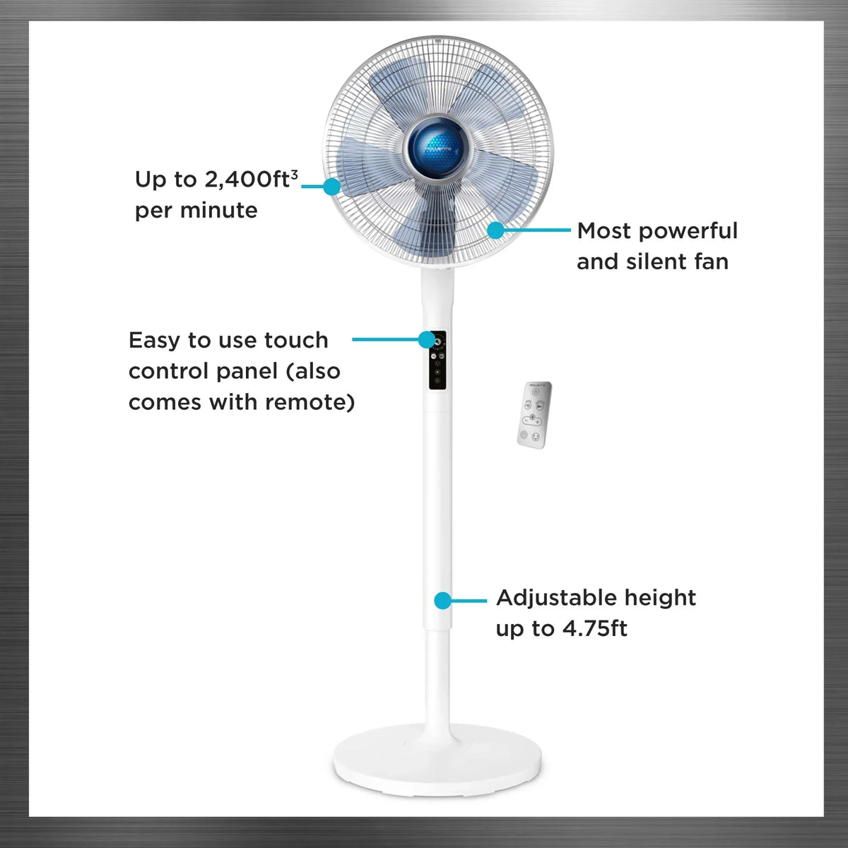Nouveauté 2026 – Ventilateur sur pied Rowenta Turbo Silence avec télécommande, 53 pouces, portable, 5 vitesses, VU5670
