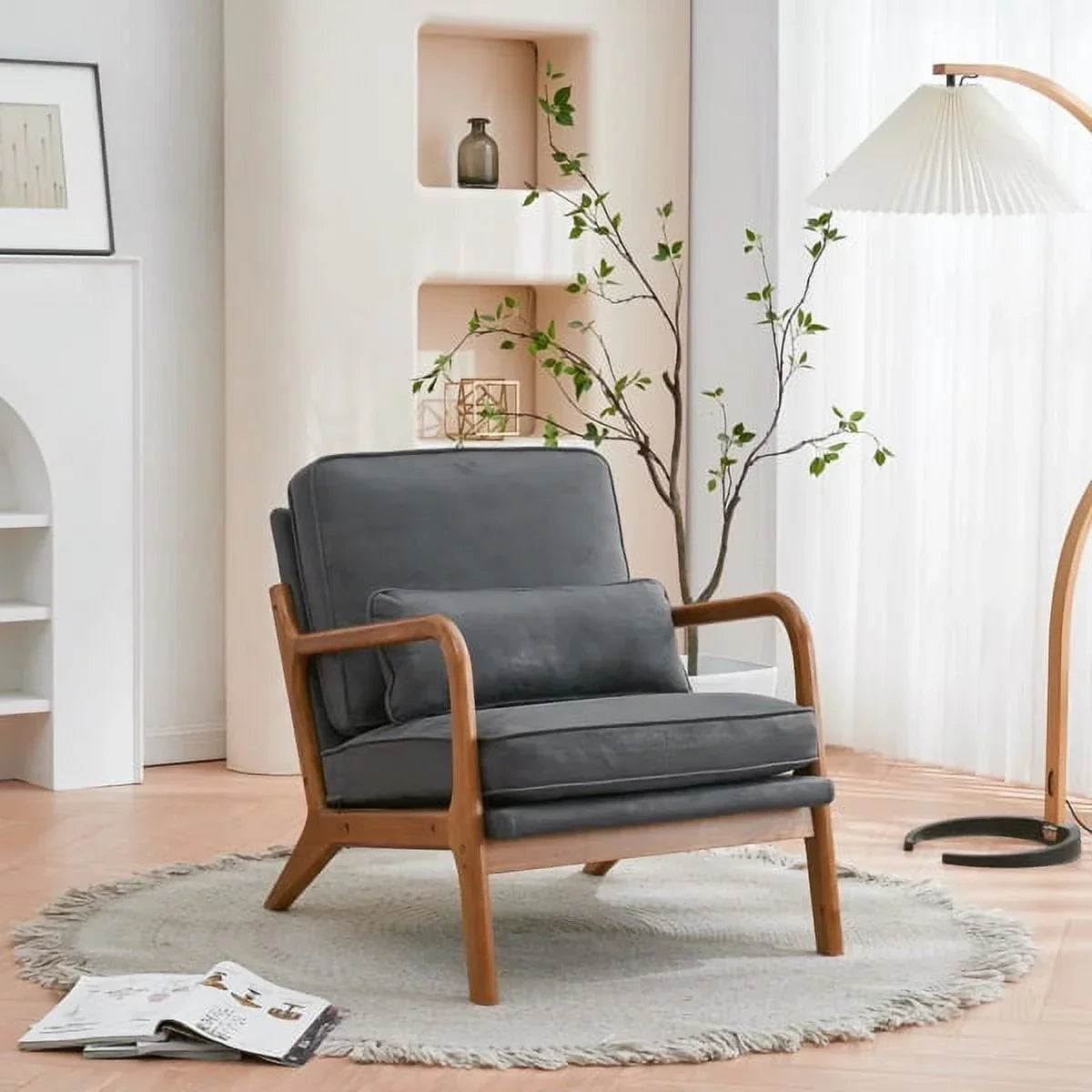 Nouveauté 2026 – Fauteuil de lecture Accent Chairs , fauteuil lounge en lin avec structure en bois massif, style moderne du milieu du siècle, montage facile, pour salon - Beige
