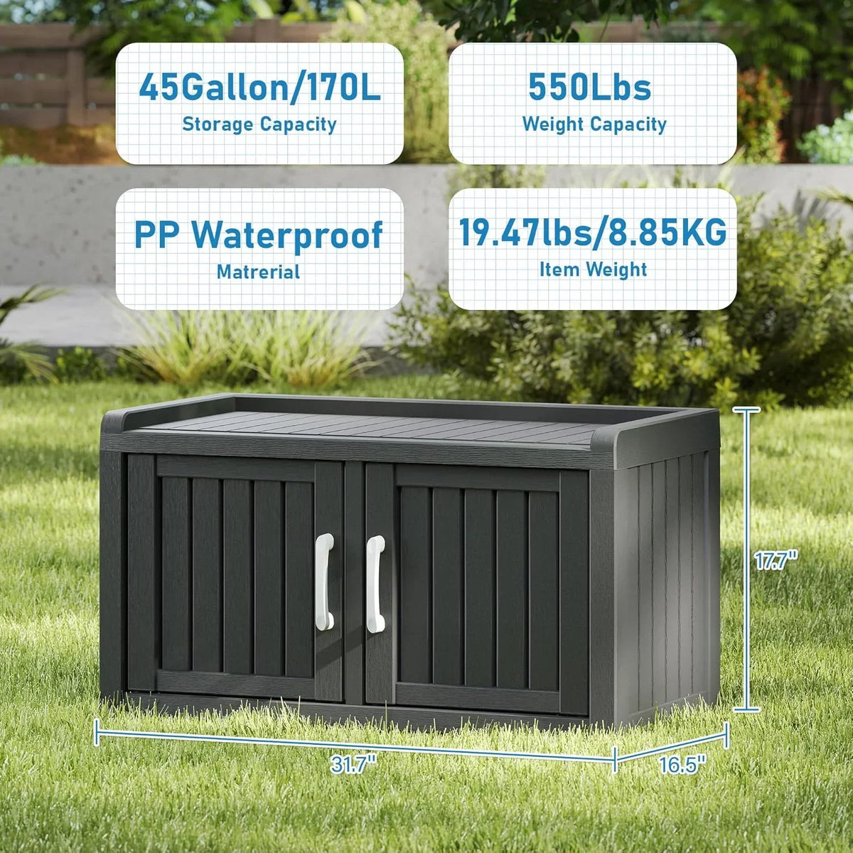 Nouveauté 2026 – Meuble de rangement à chaussures d'extérieur KAMABOKO , banc de rangement étanche et résistant aux UV pour entrée, intérieur et extérieur, avec 2 portes coulissantes de style grange et étagères réglables pour entrée, chambre, couloir