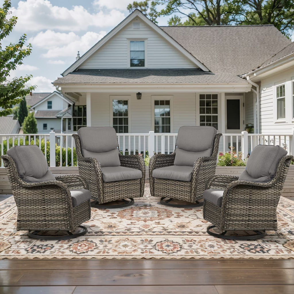 Nouveauté 2026 – POCASSY Fauteuils pivotants de patio, fauteuils à bascule pivotants d'extérieur en osier avec dossier haut et coussins épais pour véranda ou terrasse - Lot de 2, beige