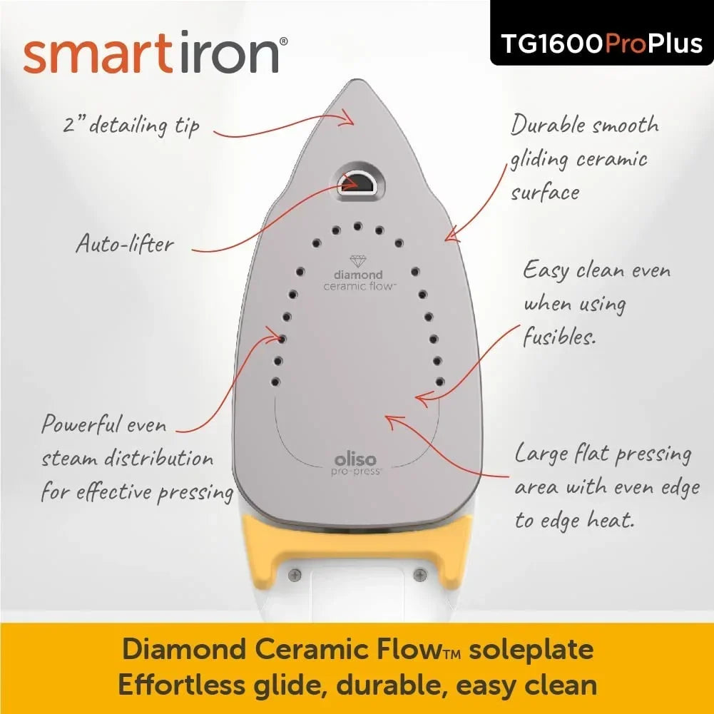 Nouveauté 2026 – Fer à repasser vapeur Oliso TG1600 Pro Plus 1800 W avec fonction SmartIron et levage automatique – idéal pour le repassage de vêtements, la couture, le quilting et les loisirs créatifs | Semelle en céramique Diamond-Flow, jaune