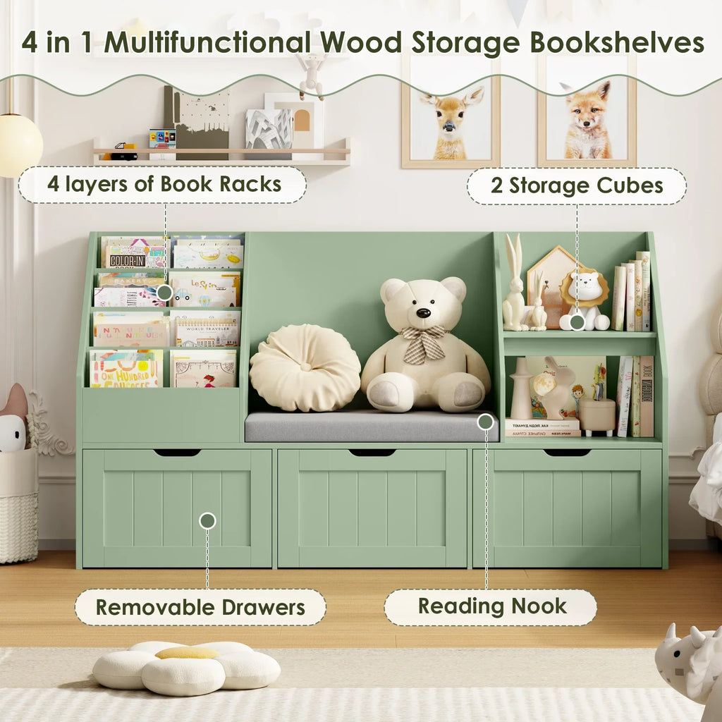 Nouveauté 2026 – Bibliothèque pour enfants Homfa avec coin lecture et 3 tiroirs amovibles, bibliothèque à 2 cubes avec étagères à livres à 4 niveaux, rangement pour jouets et jouets, idéale pour la chambre ou la salle de jeux, blanche