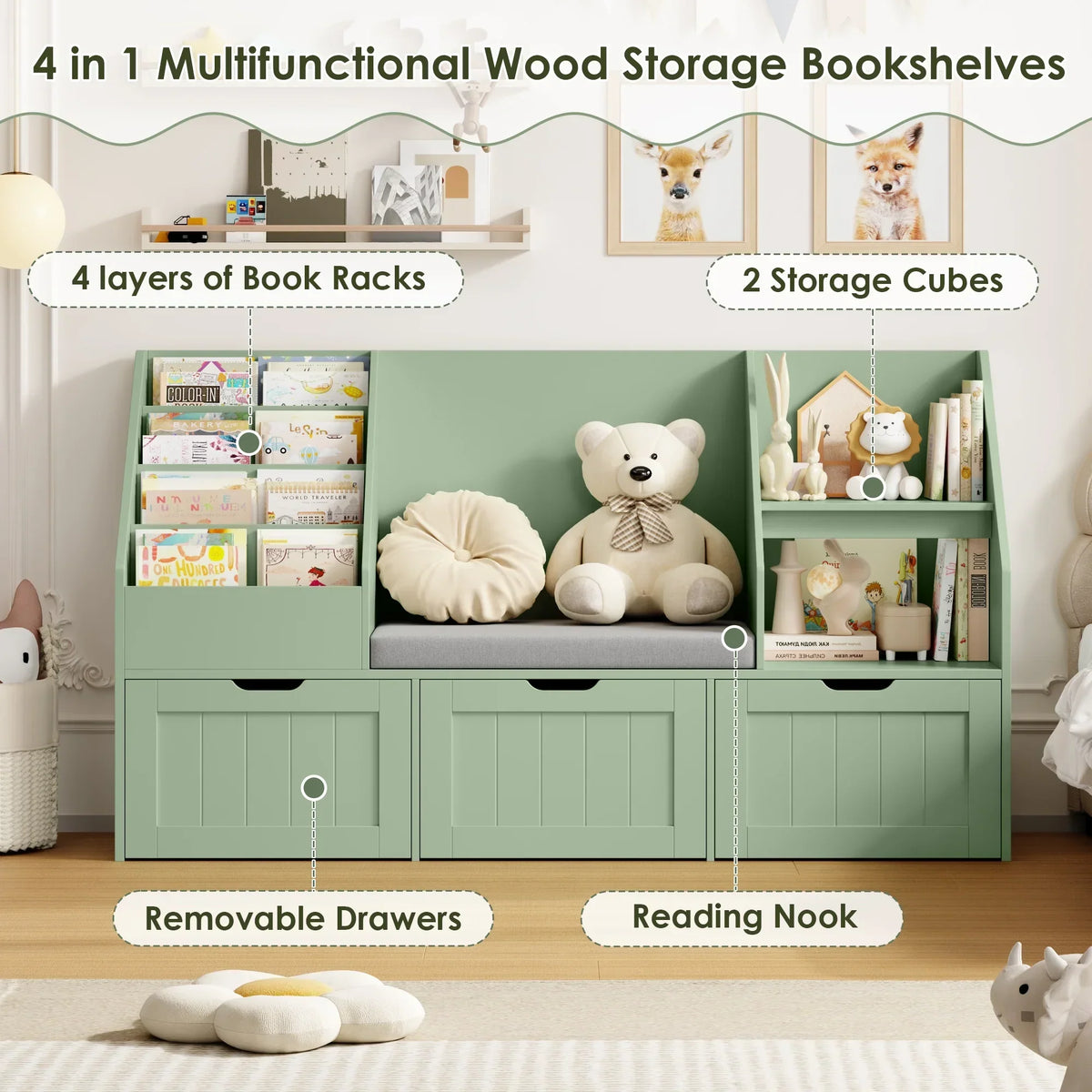 Nouveauté 2026 – Bibliothèque pour enfants Homfa avec coin lecture et 3 tiroirs amovibles, bibliothèque à 2 cubes avec étagères à livres à 4 niveaux, rangement pour jouets et jouets, idéale pour la chambre ou la salle de jeux, blanche