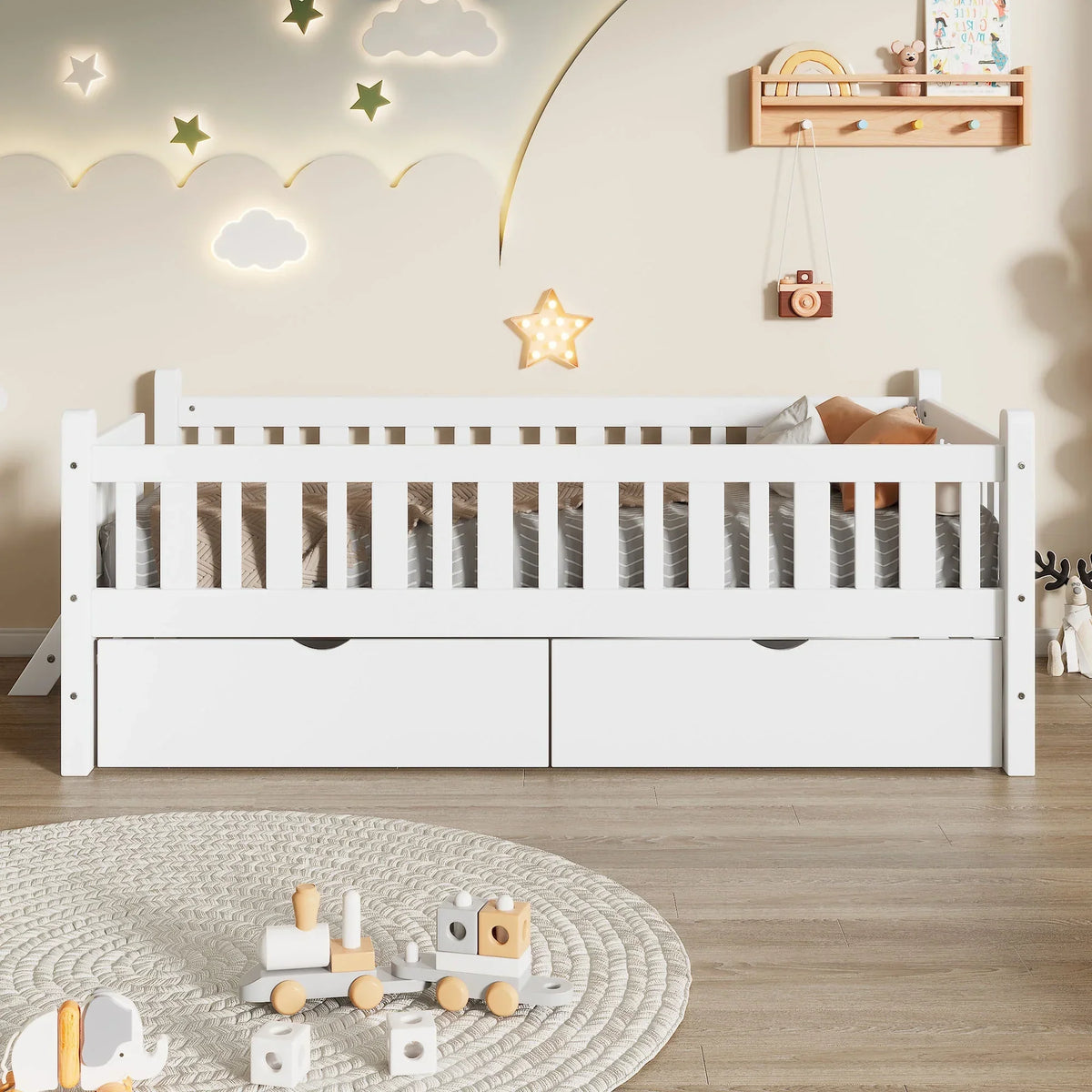 Nouveauté 2026 – Lit plateforme Euroco en bois, taille simple, avec 2 tiroirs et échelle, pour enfants et tout-petits, blanc