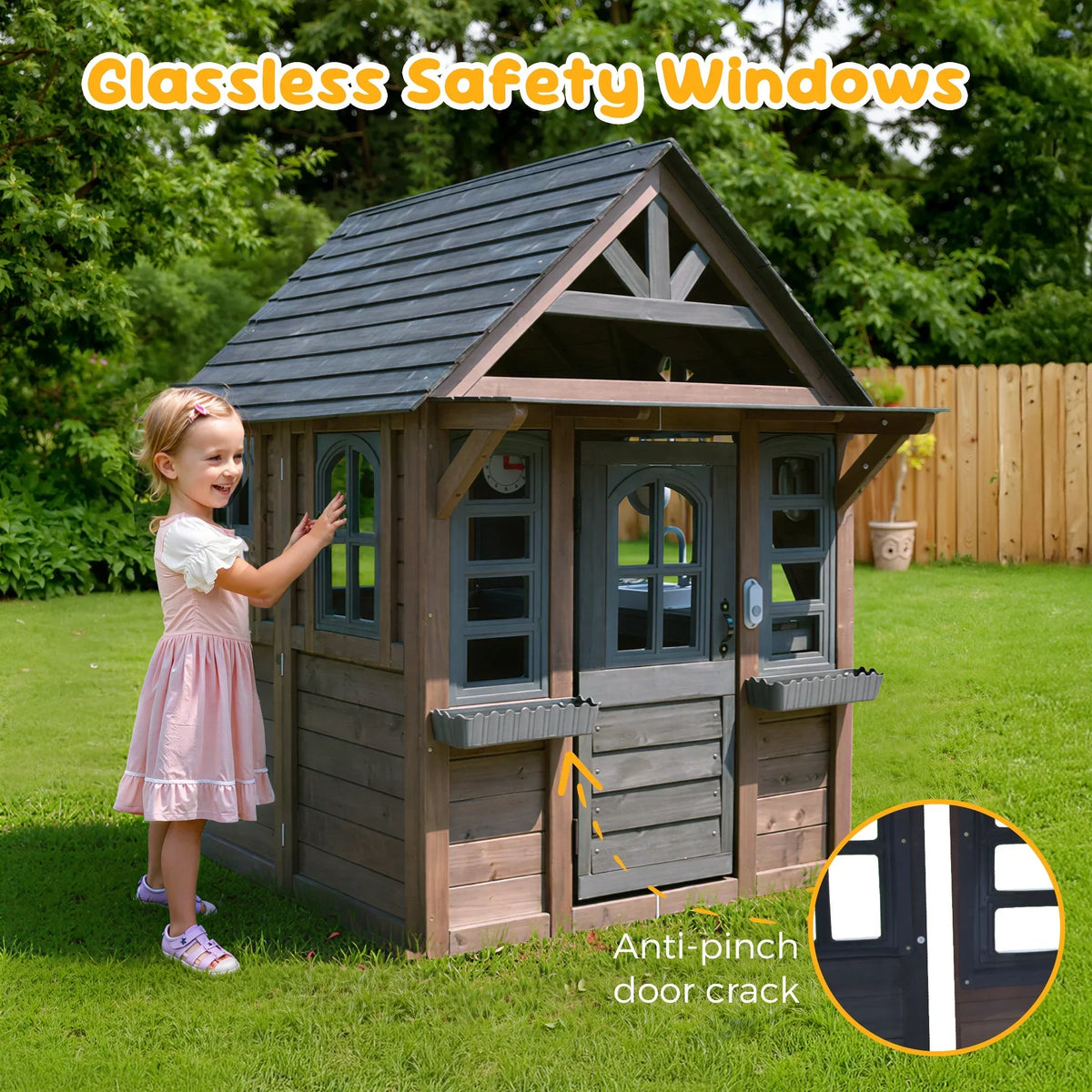 Nouveauté 2026 – Maisonnette d'extérieur COCLUB pour enfants de 4 à 8 ans, en bois, avec sonnette, téléphone et jouets de cuisine. Dimensions : 114 cm (L) x 165 cm (H). Couleurs : blanc et noir
