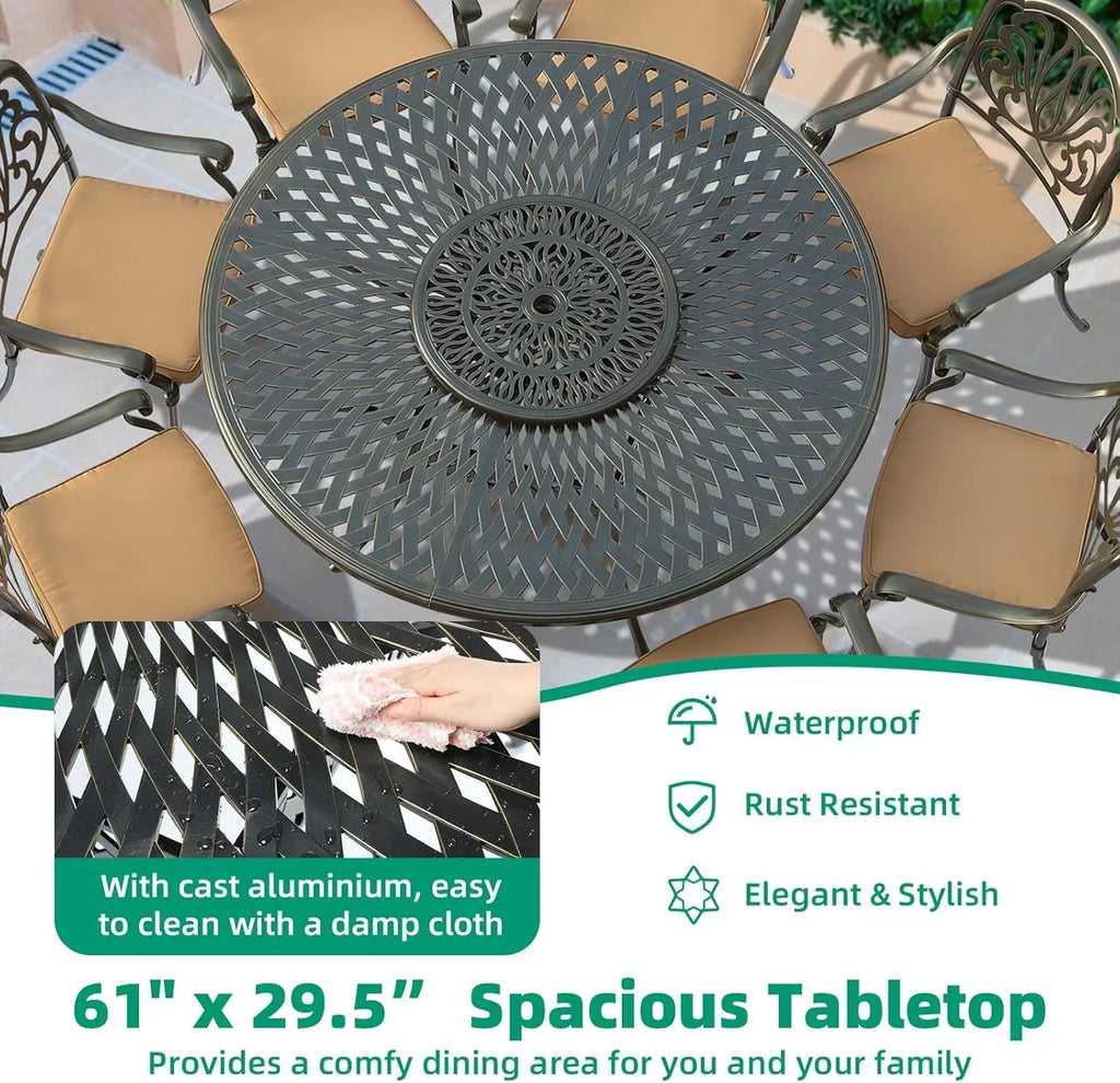 Nouveauté 2026 – Table de salle à manger d'extérieur VIVIJASON , 155 cm (61 po), pour 6 à 8 personnes, grande table ronde avec plateau tournant de 61 cm (24 po), en aluminium moulé bronze foncé au style rustique, avec trou pour parasol, idéale pour b