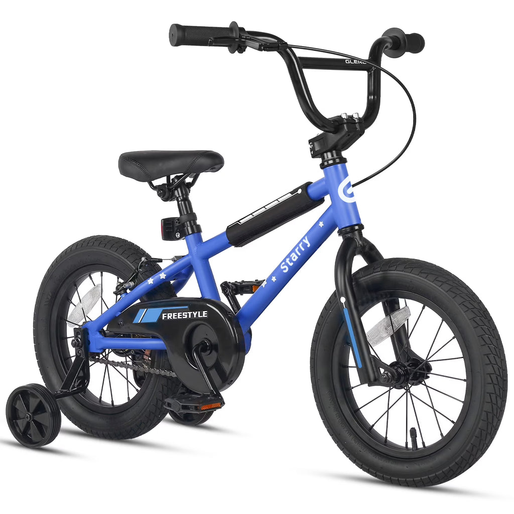 Nouveauté 2026 – Vélo Glerc pour enfants de 3 à 5 ans, style BMX, avec stabilisateurs et frein à rétropédalage, bleu. Convient aux garçons et aux filles de 3 à 5 ans