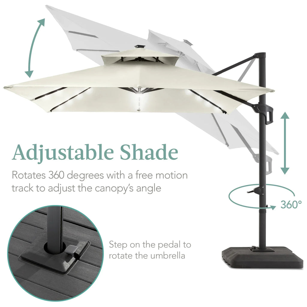 Nouveauté 2026 – Parasol de terrasse carré déporté à deux niveaux, 3 x 3 m, à éclairage solaire LED, avec base incluse (Best Choice Products, ) - Beige