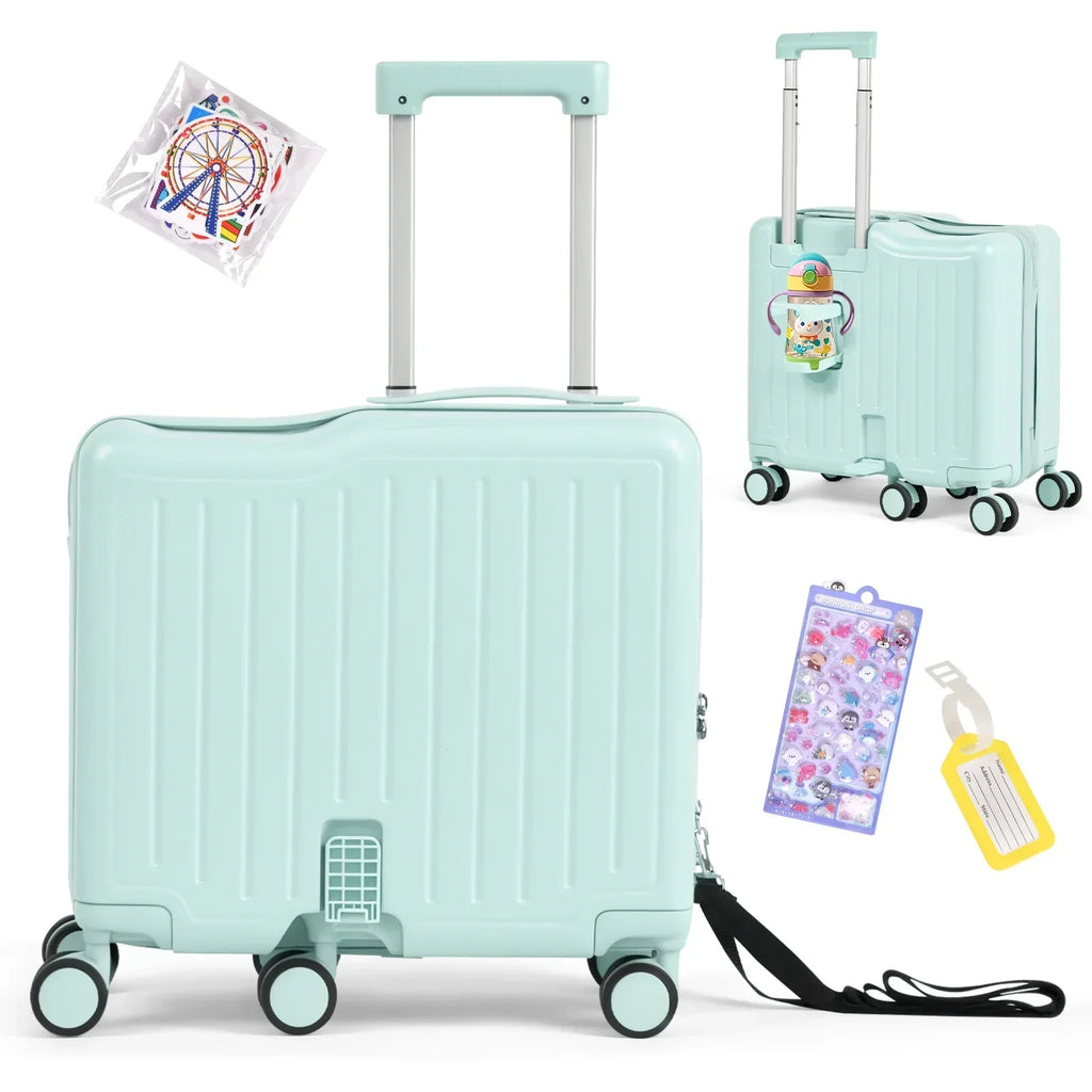 Nouveauté 2026 – Valise à roulettes Advwin pour enfants, avec sangle de traction, repose-pieds, porte-gobelet, 6 roues et poignée réglable, valise pivotante de 45,7 cm (18 pouces) avec autocollants et carte d'embarquement, rose