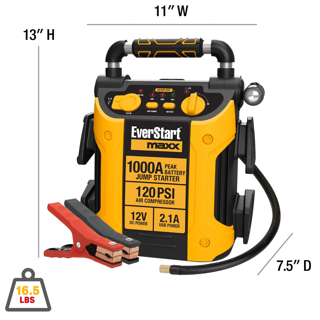 Nouveauté 2026 – Démarreur de secours EverStart Maxx J5C09E 1000 A (crête) avec compresseur, lampe LED pivotante et ports CC et USB