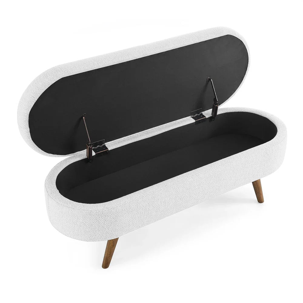 Nouveauté 2026 – Nouveau banc ottoman de rangement ovale de 110 cm (43,5 po) avec pieds en bois massif, revêtement en lin, charnière de sécurité, idéal pour l'entrée ou comme banc d'intérieur au pied du lit, à côté d'un canapé ou dans une entrée
