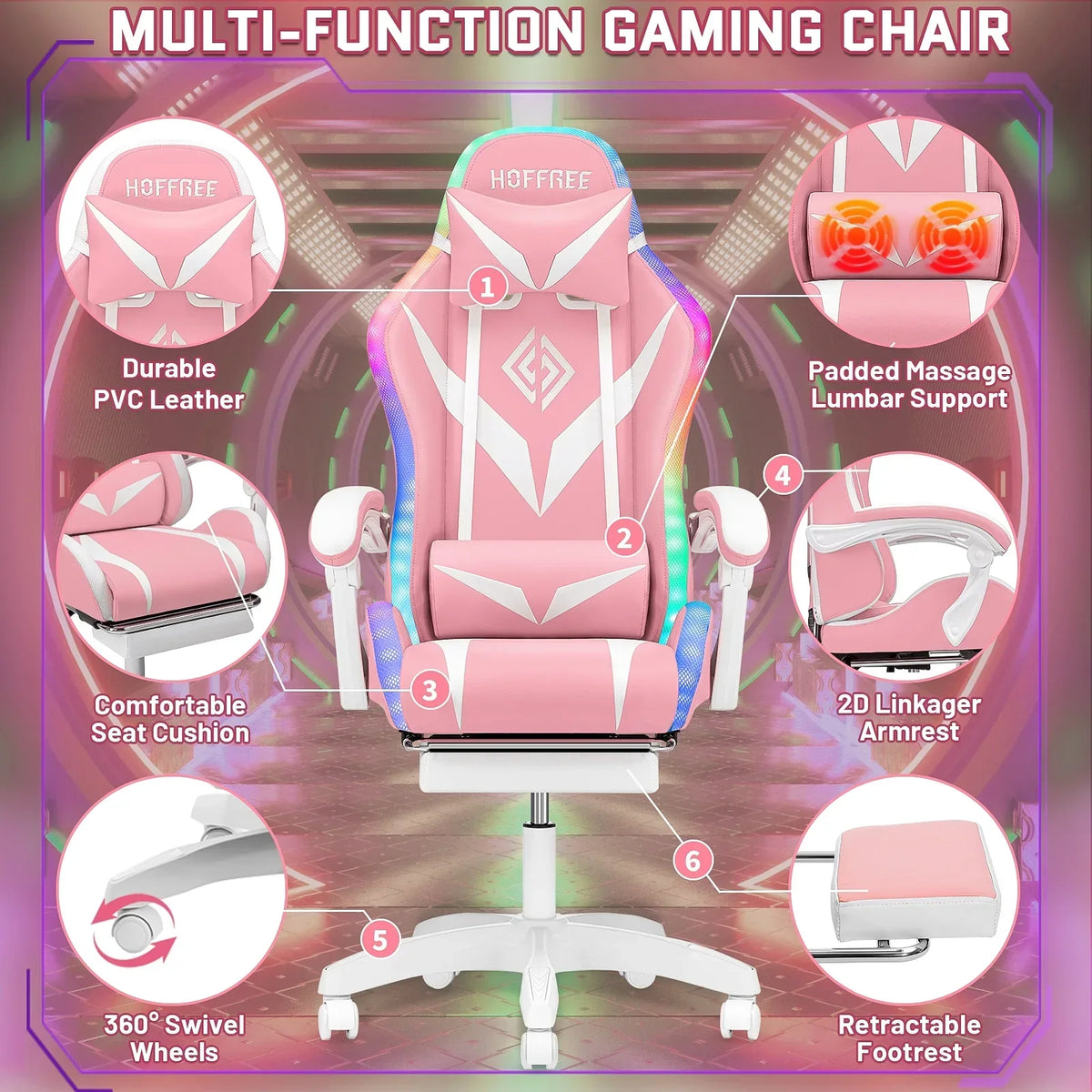 Nouveauté 2026 – Fauteuil de jeu Hoffree avec haut-parleurs intégrés, en cuir PU, repose-pieds et éclairage LED. Fauteuil ergonomique pour gamer avec massage, soutien lombaire et appui-tête pivotant et réglable. Idéal pour le télétravail et le bureau