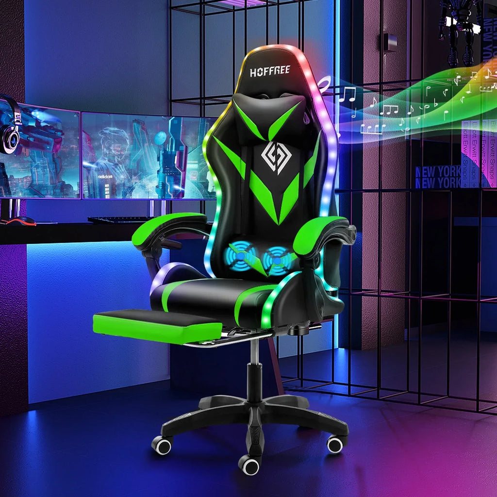 Nouveauté 2026 – Fauteuil de jeu Hoffree avec haut-parleurs intégrés, en cuir PU, repose-pieds et éclairage LED. Fauteuil ergonomique pour gamer avec massage, soutien lombaire et appui-tête pivotant et réglable. Idéal pour le télétravail et le bureau