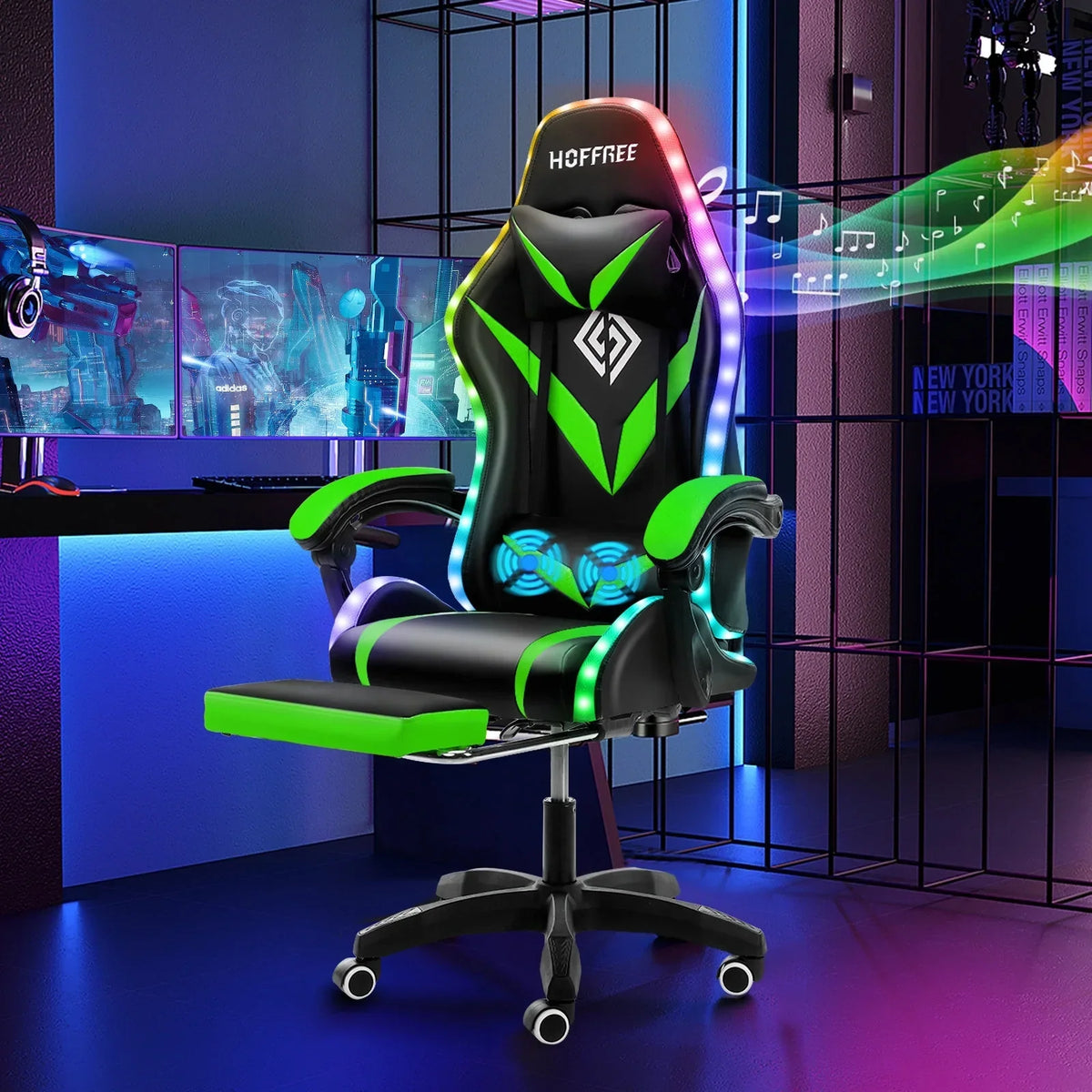 Nouveauté 2026 – Fauteuil de jeu Hoffree avec haut-parleurs intégrés, en cuir PU, repose-pieds et éclairage LED. Fauteuil ergonomique pour gamer avec massage, soutien lombaire et appui-tête pivotant et réglable. Idéal pour le télétravail et le bureau