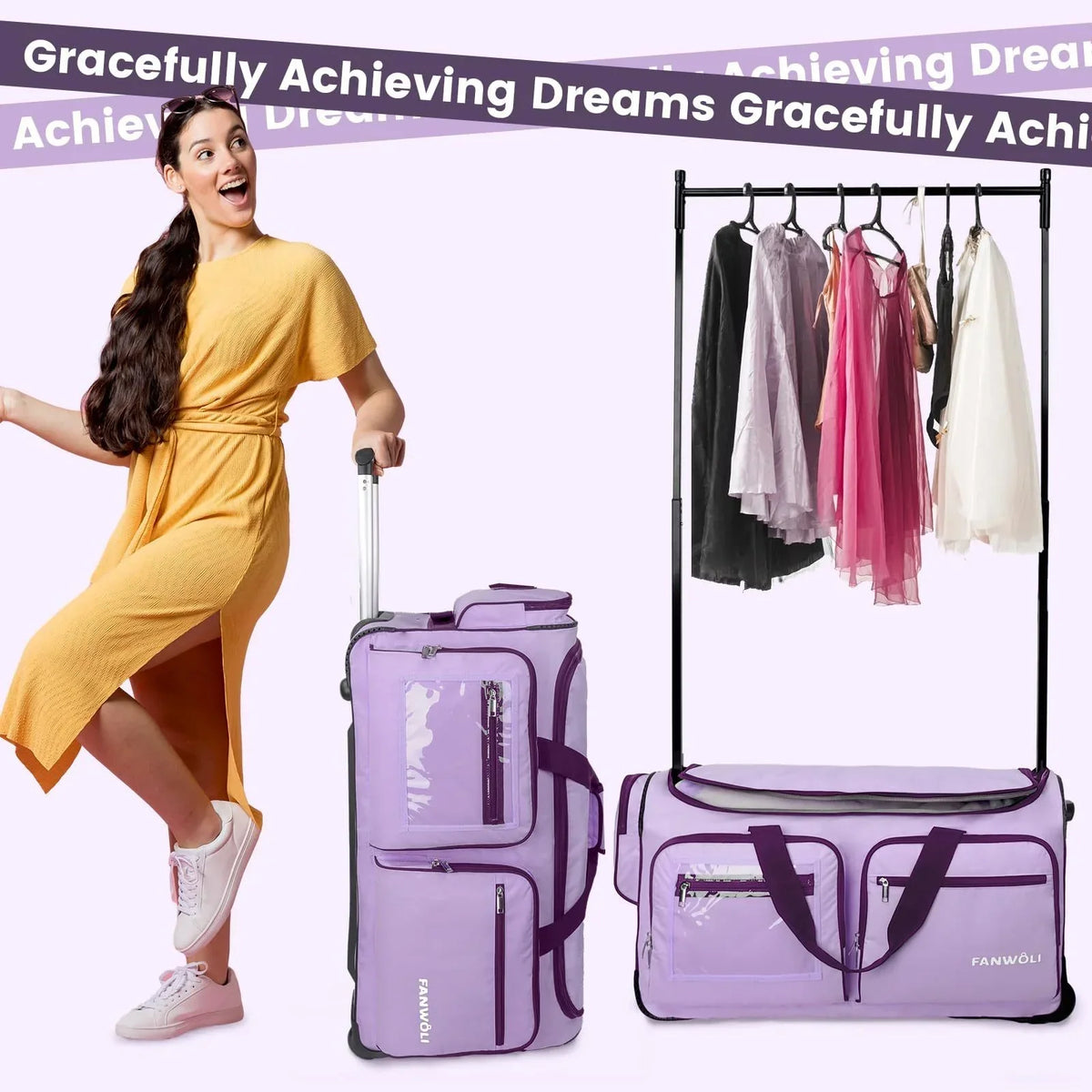 Nouveauté 2026 – Sac de danse Fegat avec portant - Sac de danse pliable à roulettes de 71 cm (28 pouces) pour compétitions, danse, spectacles, streamers et athlètes. Valise légère à roulettes