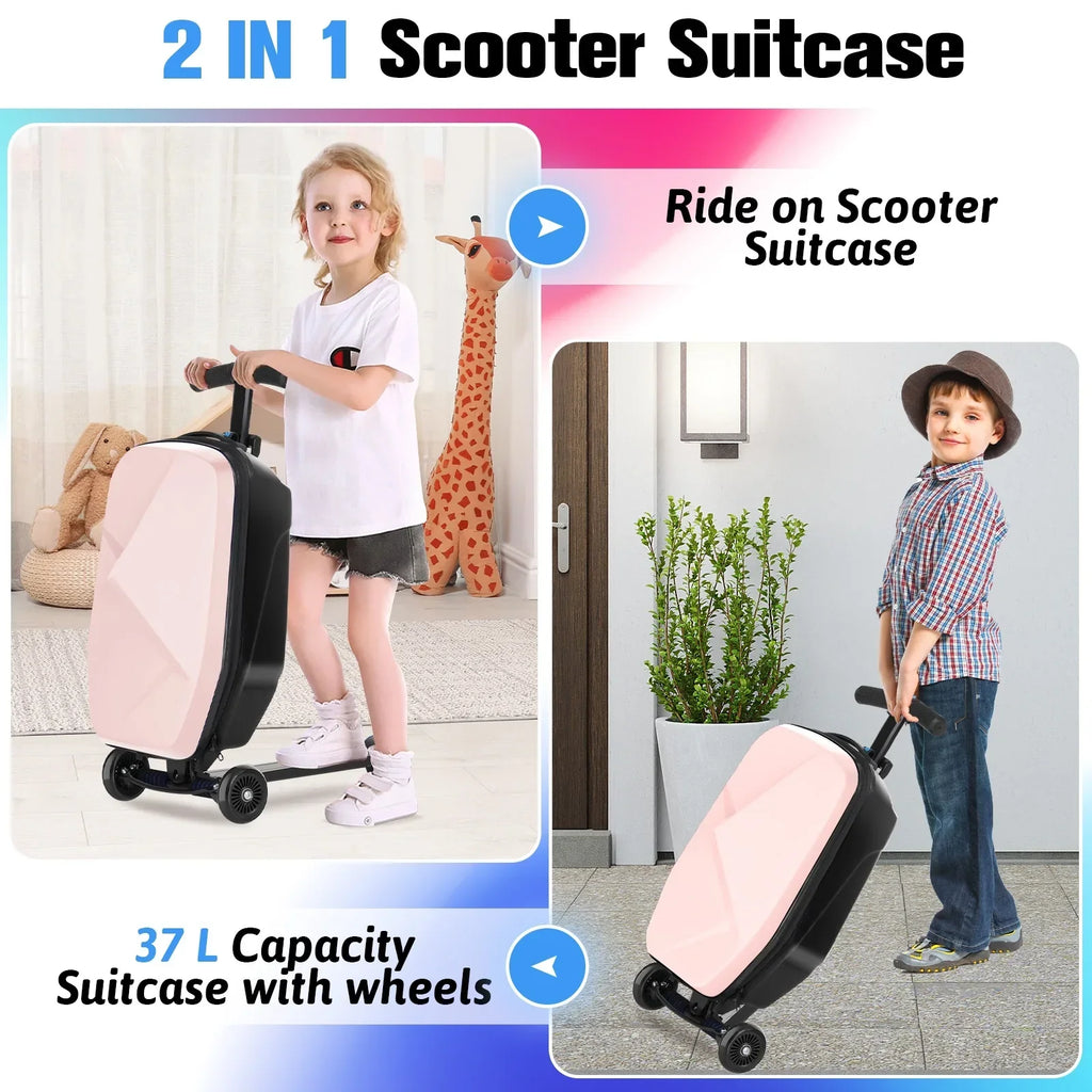 Nouveauté 2026 – Valise-trottinette Advwin pour enfants et adultes, valise rigide à roulettes pour enfants de 4 à 15 ans, multifonctionnelle, légère et pliable, avec roulettes, rose