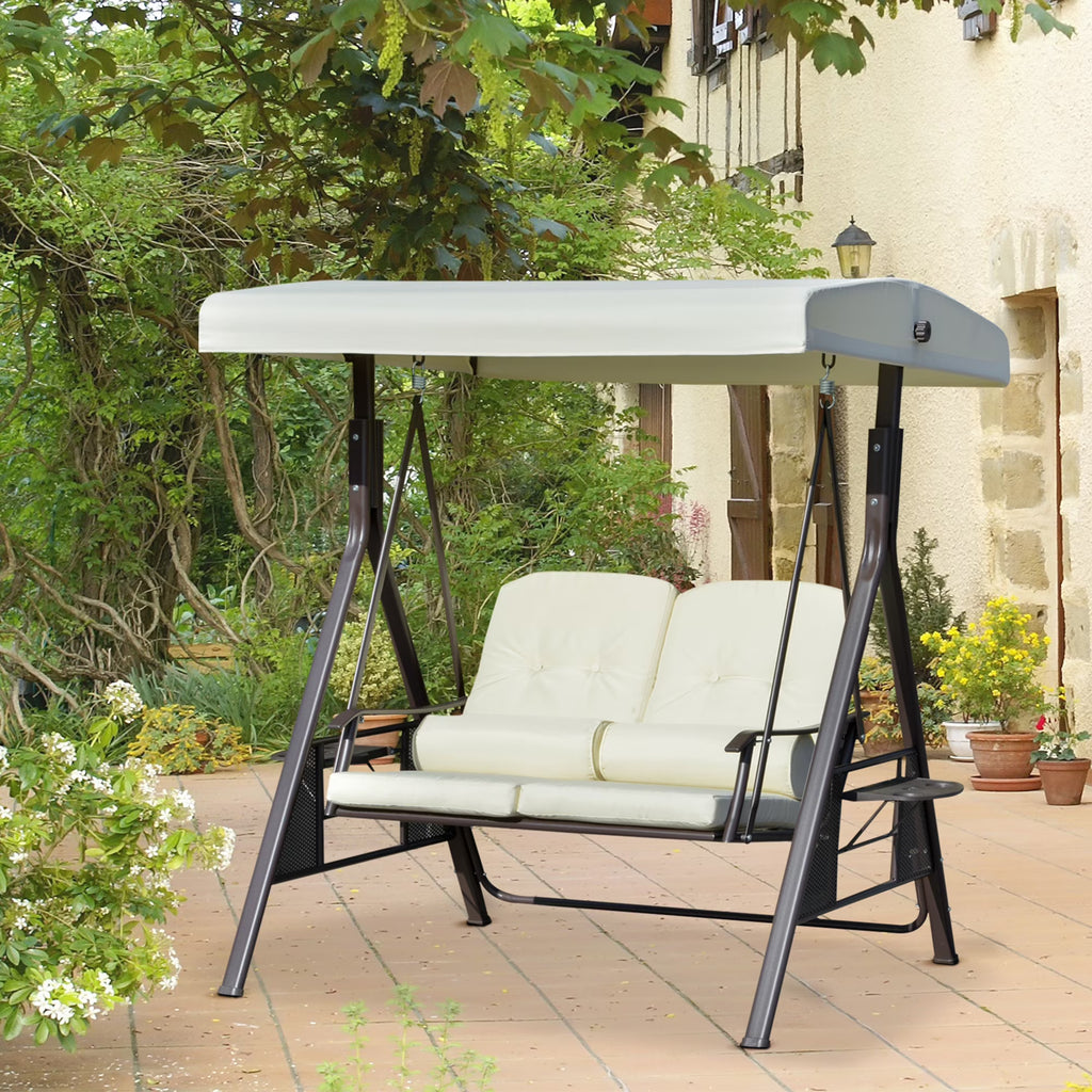 Nouveauté 2026 – Balancelle de patio Outsunny 2 places pour 2 personnes avec auvent réglable, coussins moelleux, coussins décoratifs et plateau, beige