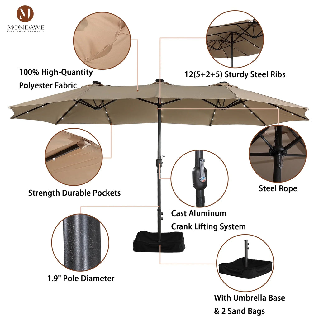 Nouveauté 2026 – Parasol rectangulaire Mondawe 4,57 m (15 pi) avec base et éclairage LED beige