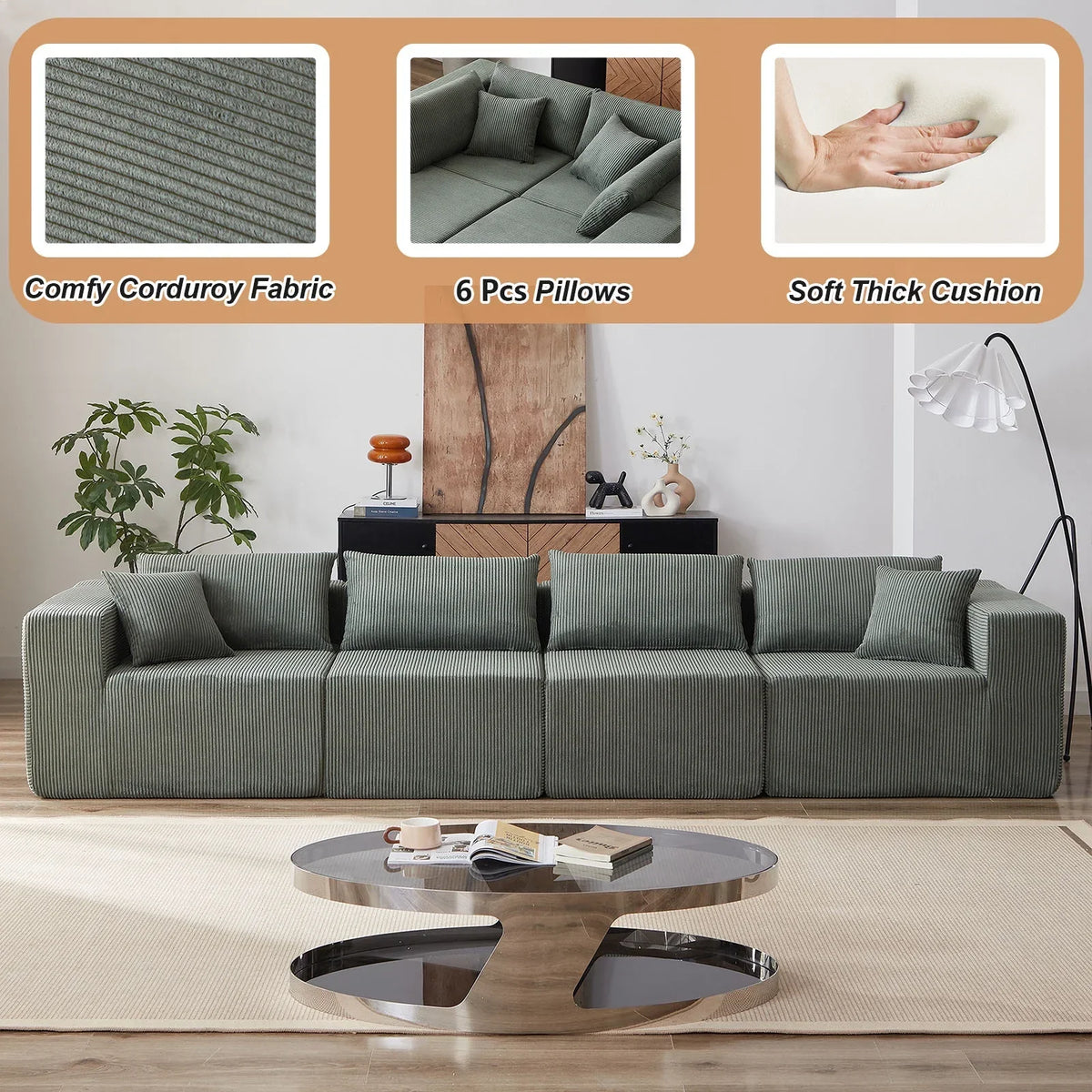 Nouveauté 2026 – Canapé d'angle modulaire en velours côtelé de 264 cm (104 pouces), ensemble de canapés de sol de luxe, mobilier d'intérieur rembourré, canapé compressé en mousse pour salon et chambre, combinaison libre de 4 pièces