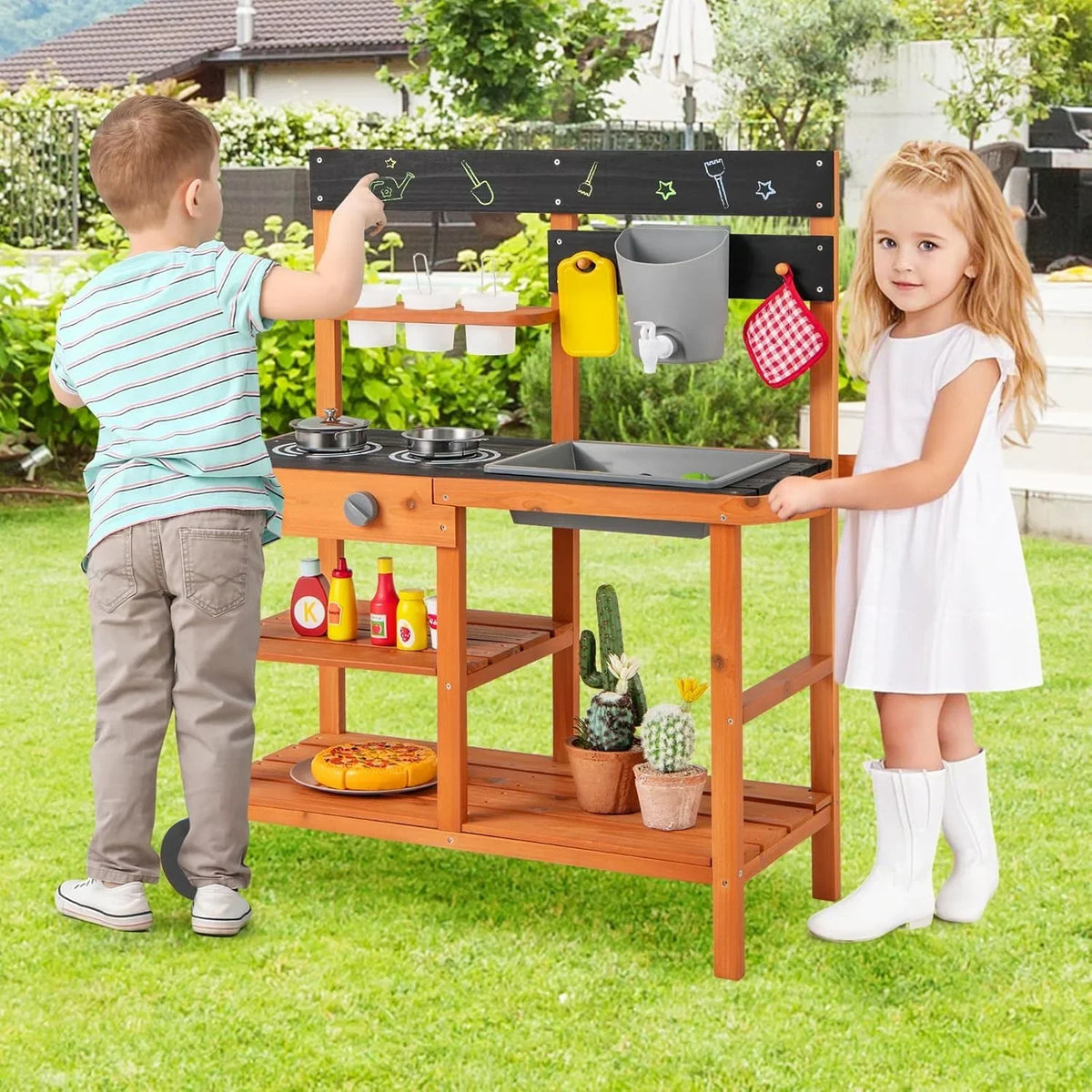 Nouveauté 2026 – Cuisine de boue OLAKIDS , cuisine de jeu d'extérieur sur roues avec 3 tasses, évier amovible et accessoires de cuisine en bois. Jouet idéal pour le jardin, cadeau pour les garçons et les filles à partir de 3 ans