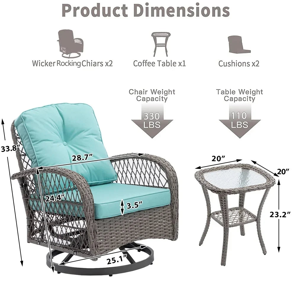 Nouveauté 2026 – Ensemble de 3 fauteuils à bascule pivotants pour patio, 2 fauteuils à bascule pivotants à 360 degrés et 1 table basse en verre, ensemble bistro d'extérieur en rotin PE avec coussins pour balcon, terrasse, piscine, jardin ou véranda