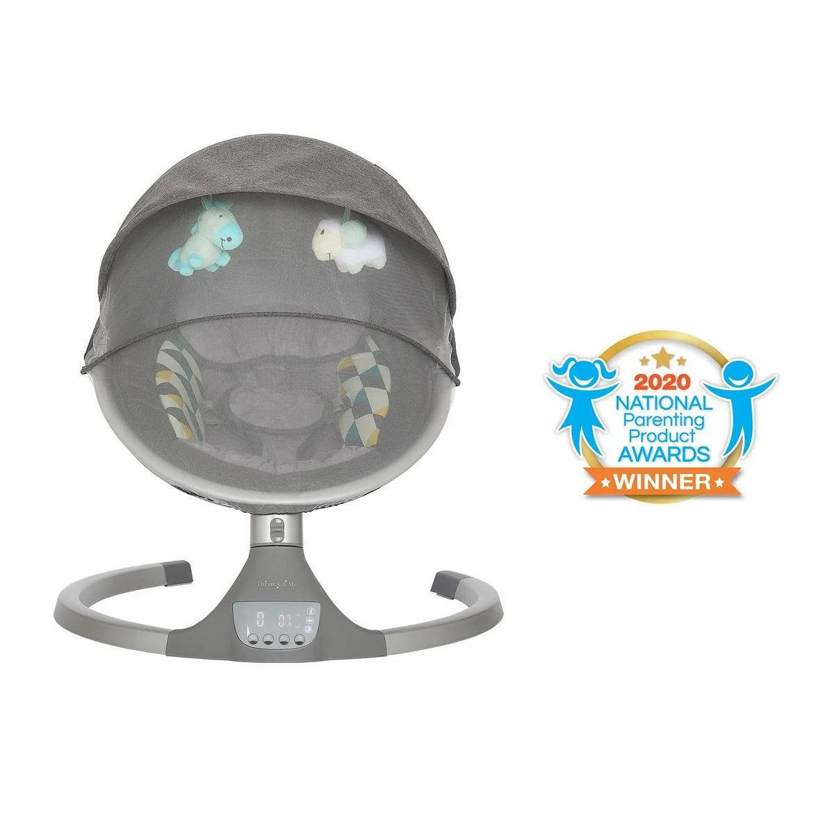 Nouveauté 2026 – Balancelle pour bébé Dream On Me Zazu . Balancelle pour nourrisson. 5 vitesses de balancement. Deux jouets intégrés. Connectivité Bluetooth et télécommande. Gris et bleu