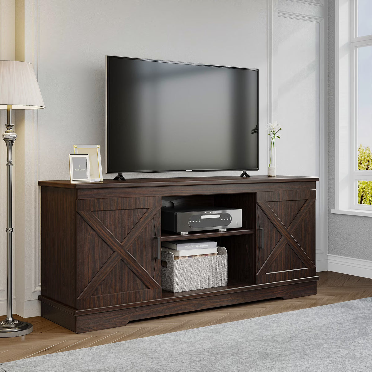 Nouveauté 2026 – Meuble TV Dextrus Farmhouse pour téléviseur 65 pouces, centre multimédia pour salon, meuble console TV, gris délavé