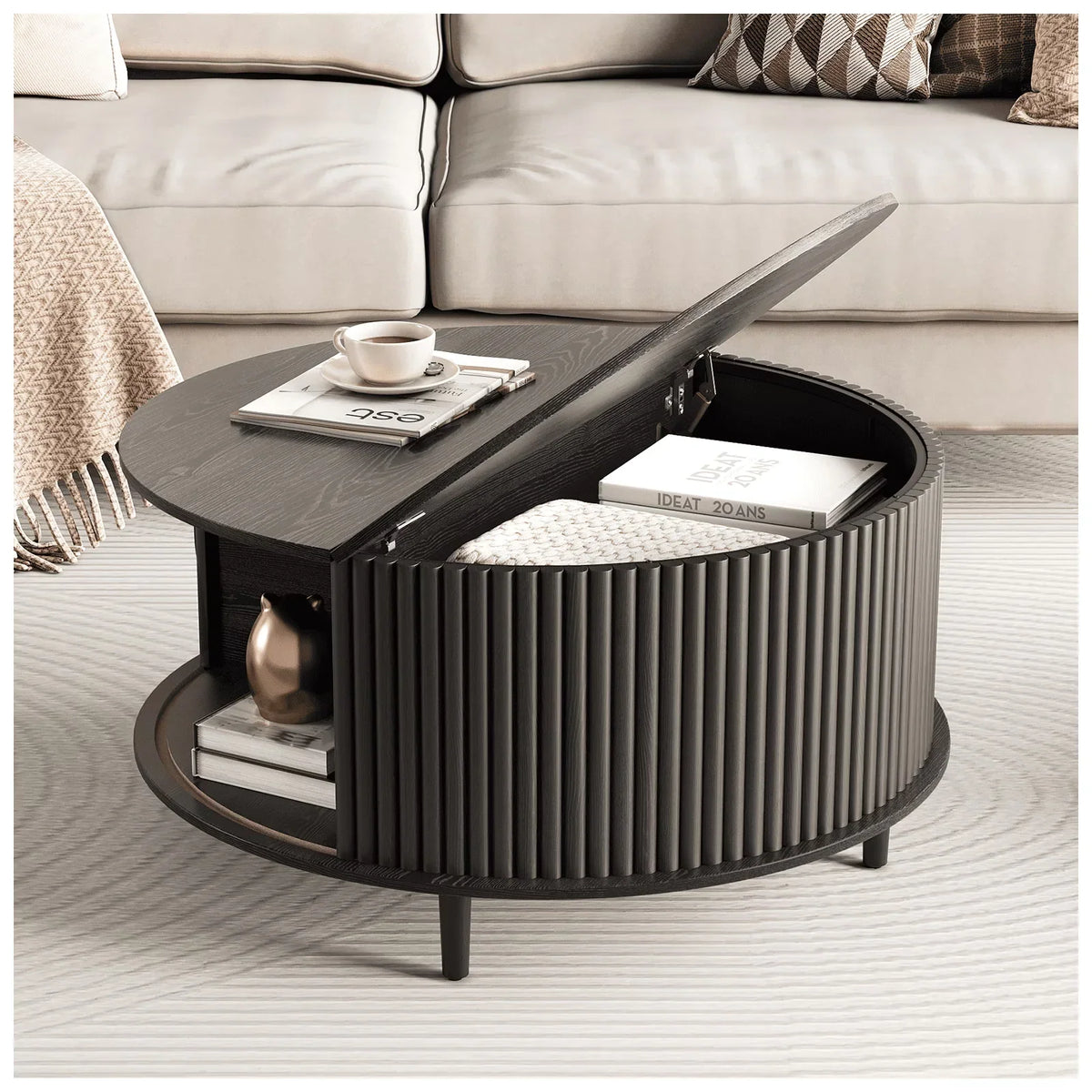 Nouveauté 2026 – Table basse ronde JOINICE avec rangement et porte coulissante, table centrale en bois de style moderne du milieu du siècle, pour salon, noyer