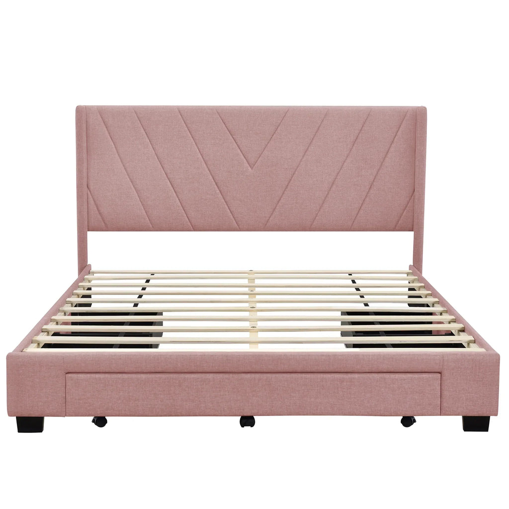 Nouveauté 2026 – Cadre de lit Queen Sesslife avec rangement, nouveau lit plateforme rembourré en lin amélioré avec 3 tiroirs, lit de rangement Queen avec tête de lit et lattes en bois, aucun sommier requis, supporte 227 kg, beige