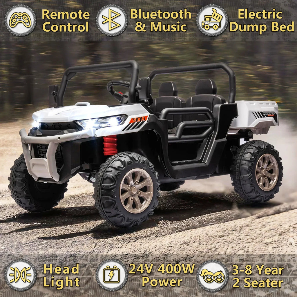 Nouveauté 2026 – Camion électrique Xuanlur 24V 2 places pour enfants , avec moteur 2x200W, benne basculante/pelle, pneus résistants, lumières LED, musique et télécommande, noir