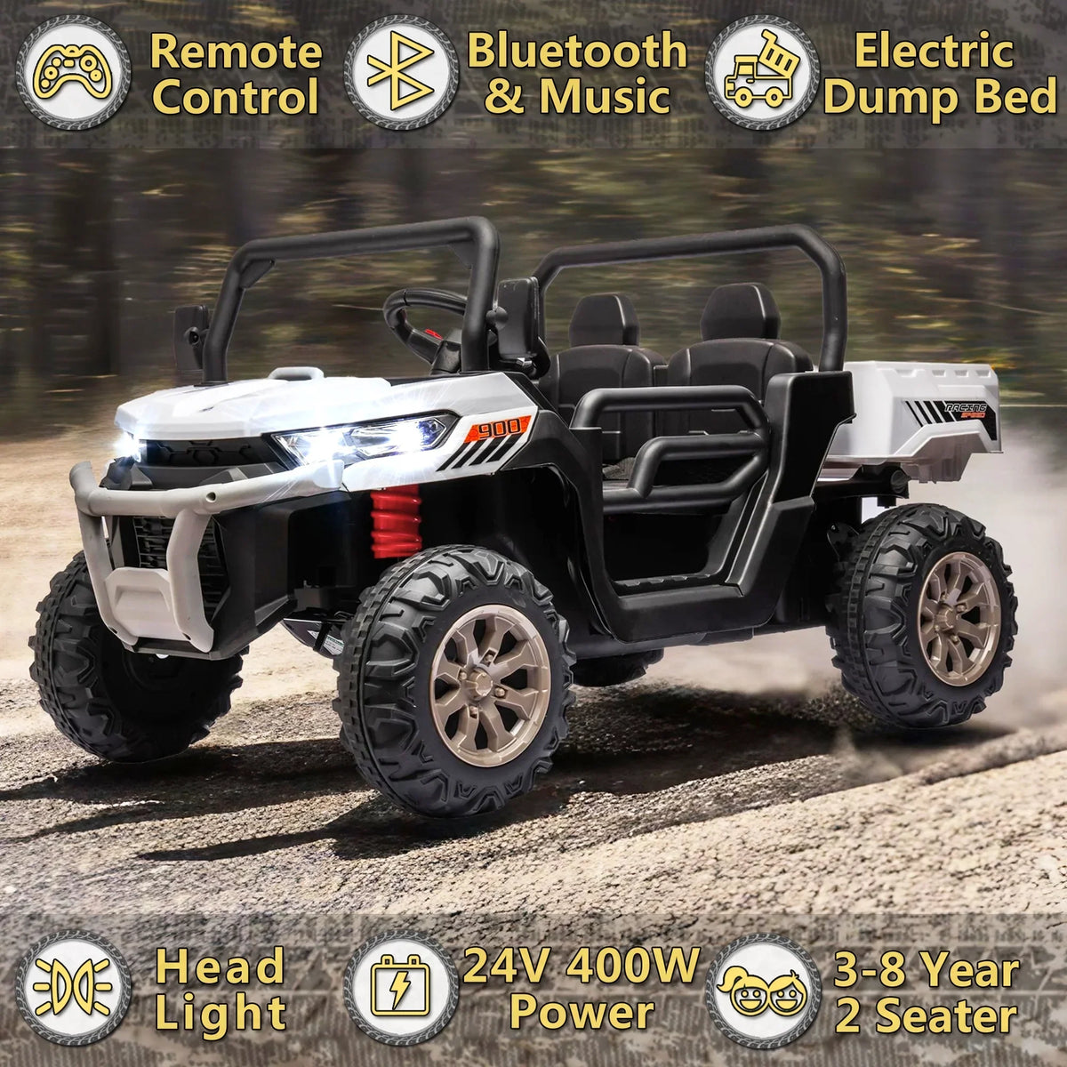 Nouveauté 2026 – Camion électrique Xuanlur 24V 2 places pour enfants , avec moteur 2x200W, benne basculante/pelle, pneus résistants, lumières LED, musique et télécommande, noir