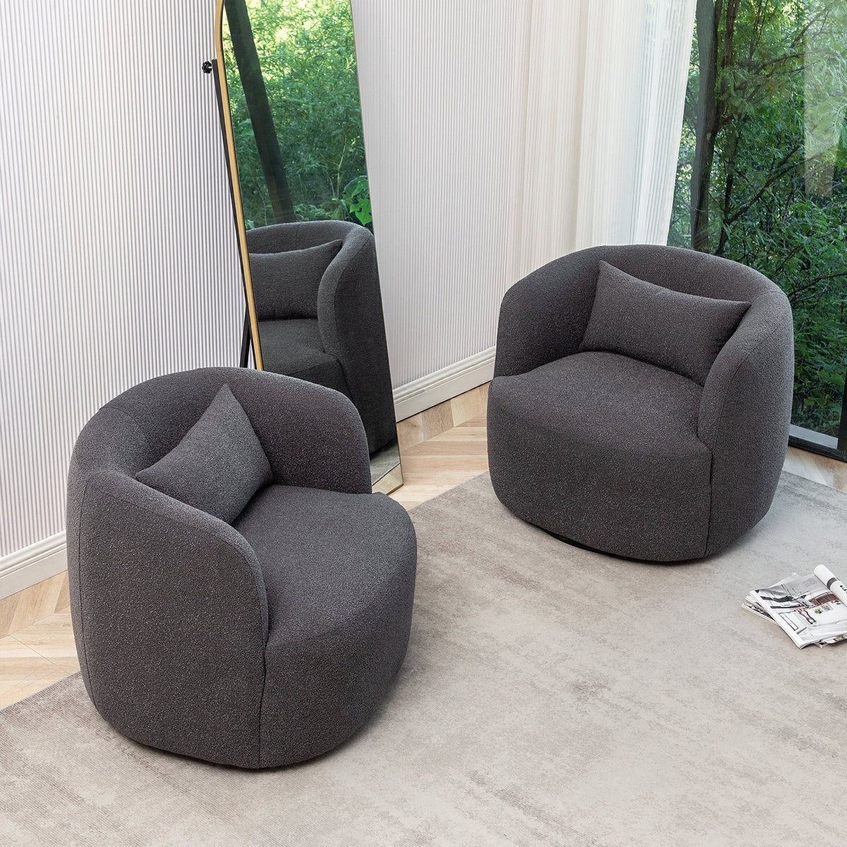 Nouveauté 2026 – Fauteuil pivotant rond 34" en bouclette de 86 cm de large, sans assemblage, avec coussin décoratif, idéal pour le salon et la chambre, couleur taupe