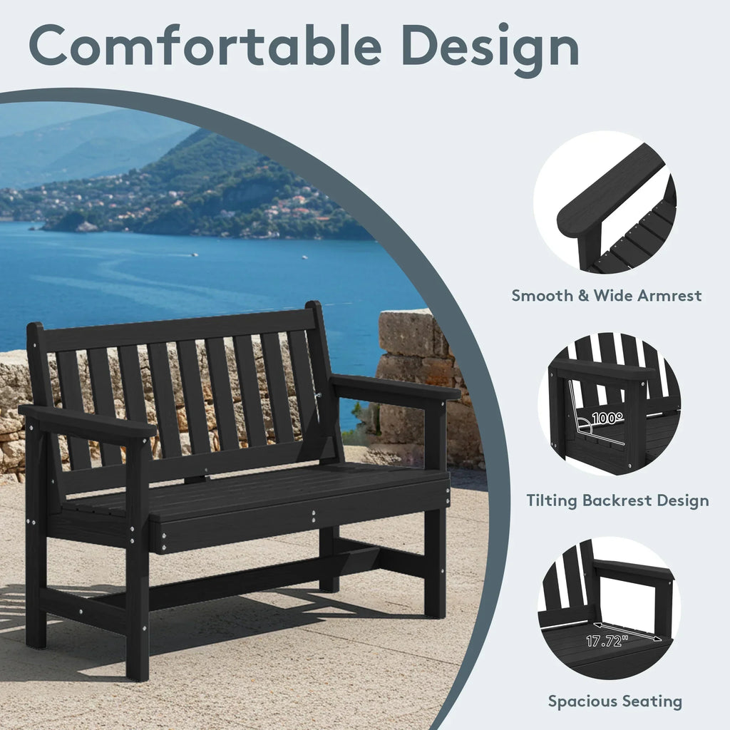 Nouveauté 2026 – Banc d'extérieur SERWALL pour 2 personnes, en PEHD résistant aux intempéries avec renforts en aluminium, supporte jusqu'à 300 kg, confortable pour terrasse, jardin et véranda, noir