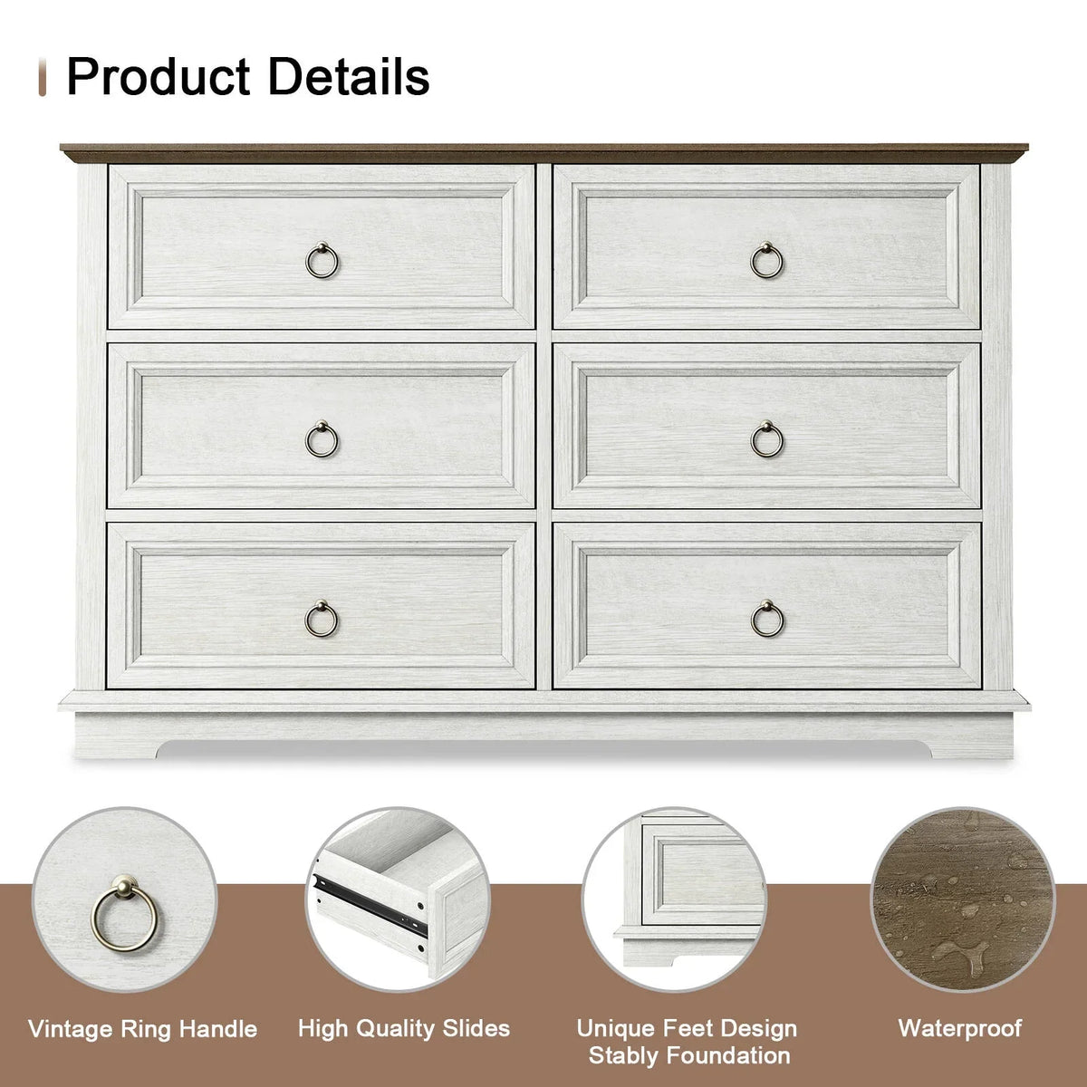 Nouveauté 2026 – Commode FAGAGA 6 tiroirs pour salon, meuble de rangement en bois pour chambre, blanc