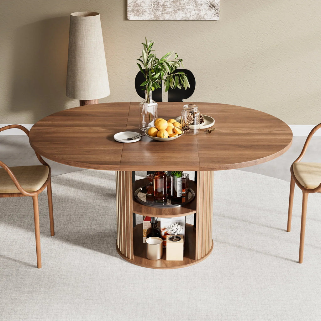 Nouveauté 2026 – Table de salle à manger extensible pour 4 à 6 personnes, table de cuisine ronde avec étagère de rangement, tables de salle à manger ovales pour salon (noyer