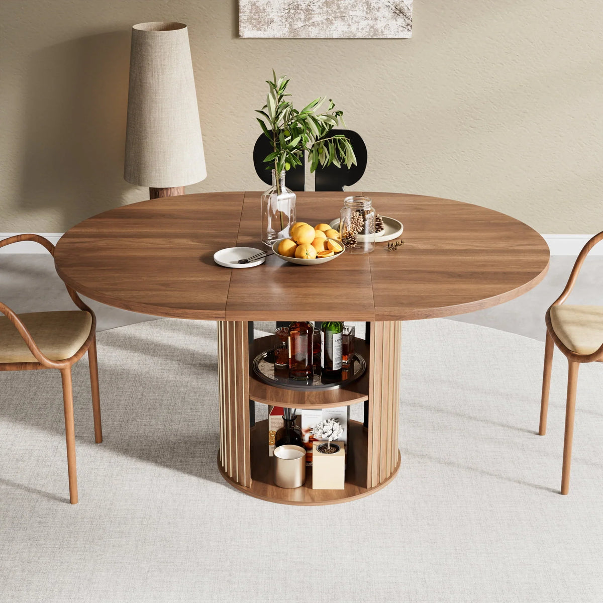 Nouveauté 2026 – Table de salle à manger extensible pour 4 à 6 personnes, table de cuisine ronde avec étagère de rangement, tables de salle à manger ovales pour salon (noyer