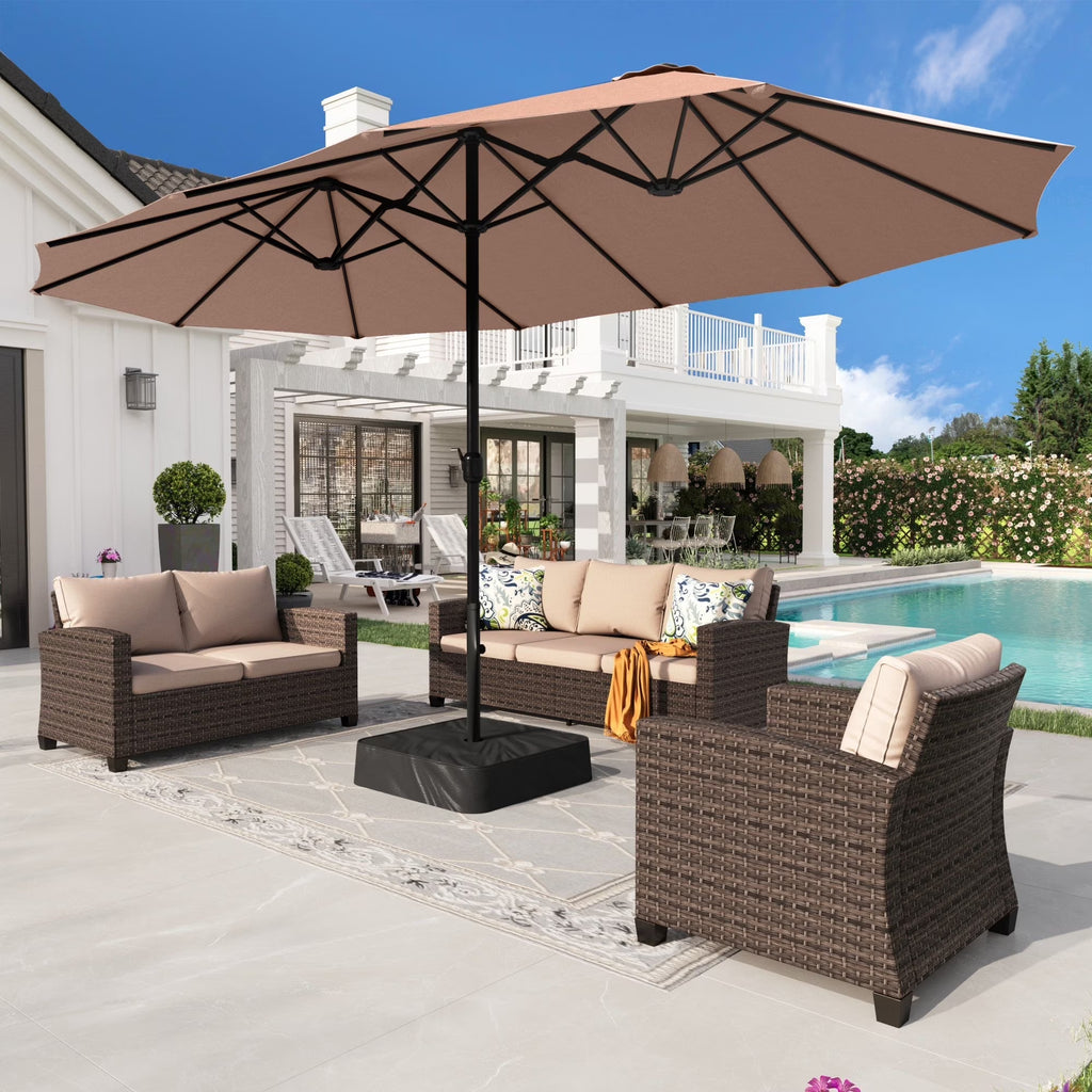Nouveauté 2026 – Parasol de jardin extra-large Alpha Joy 4,57 m (15 pi) à double face avec manivelle et base - Gris fumé