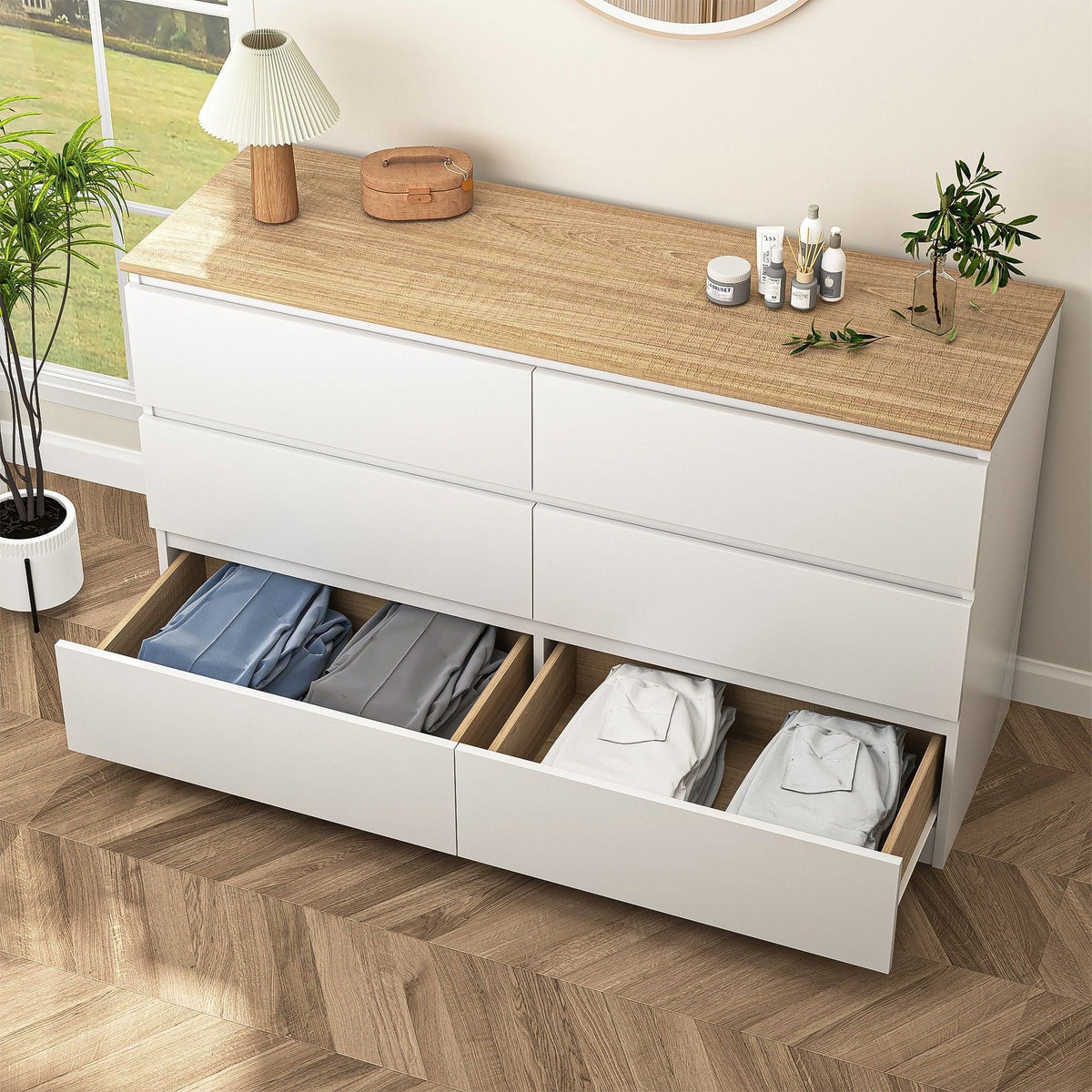 Nouveauté 2026 – Commode Resenkos moderne style milieu du siècle, 6 tiroirs, large, pour chambre à coucher, grise