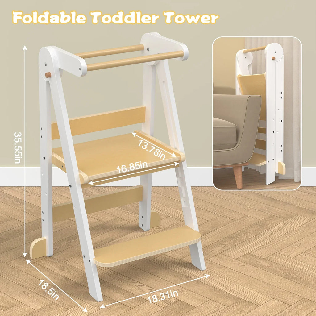 Nouveauté 2026 – Marchepied de cuisine JOZ pour tout-petits, tabouret d'apprentissage Montessori, tour pliable pour le comptoir, aide à la station debout pour les enfants, 3 hauteurs réglables, en bois, blanc